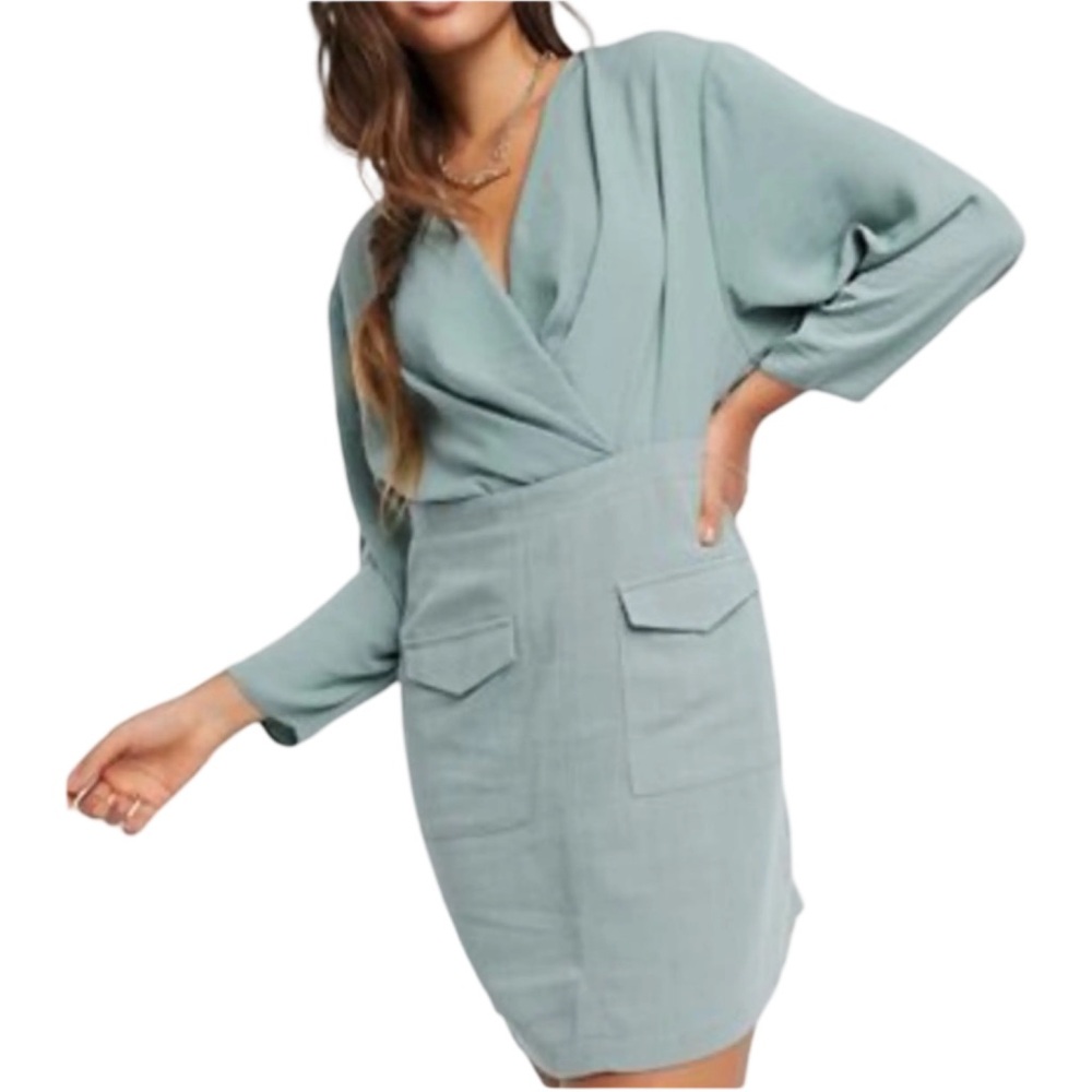 NWT ASOS Sage Green Linen Blend Wrap Front V-Neck Mini‎ Dress Women Size 4